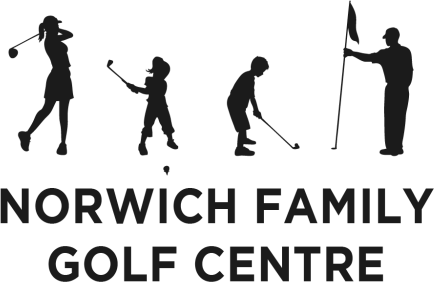 The Norwich Family Golf Centre mark: four golfer silhouettes, a woman swinging, a child, a golfer putting and a man holding a flag, above the name in bold condensed capitals
