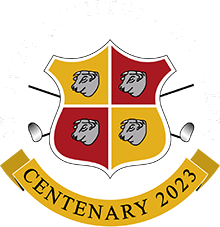 The Centenary 2023 crest, 220 pixels wide, carrying a dated gold ribbon
